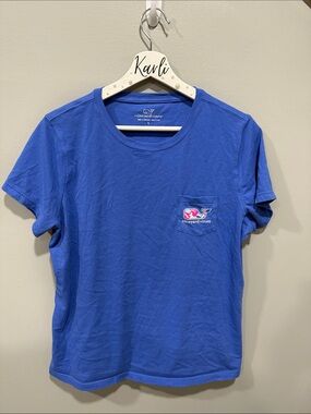 Vineyard Vines Blue Pocket Tee with Pink Whale Accent